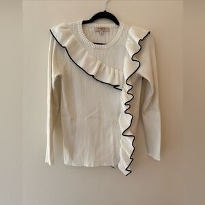 MAISON DEHRY , DERHY K White Ruffled Sweater with Black Trim size large